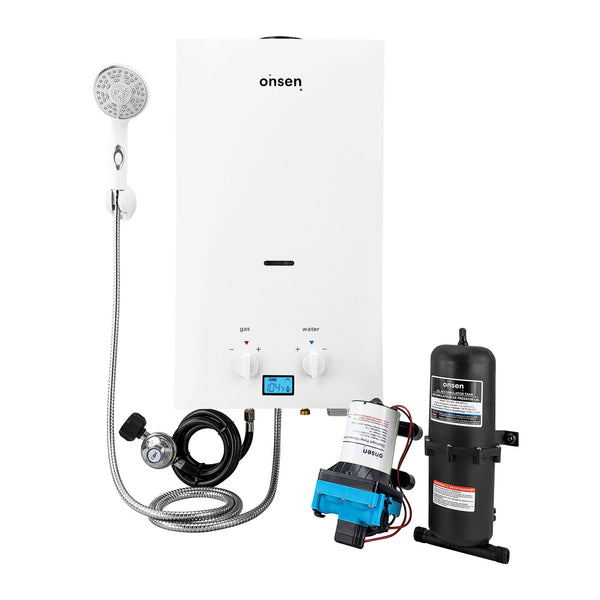 Onsen 10L Outdoor Propane Portable Tankless Water Heater 2.6 Gal/Min 75K BTU with 3.0 Pump & 1.0L Accumulator