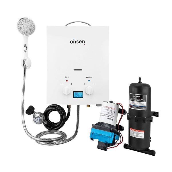 Onsen 5L Outdoor Propane Portable Tankless Water Heater 1.3 Gal/Min 32K BTU with 3.0 Pump & 1.0L Accumulator