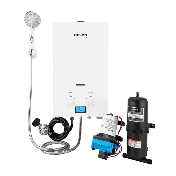 Onsen 7L Outdoor Propane Portable Tankless Water Heater 1.8 Gal/Min 50K BTU with 3.0 Pump & 1.0L Accumulator