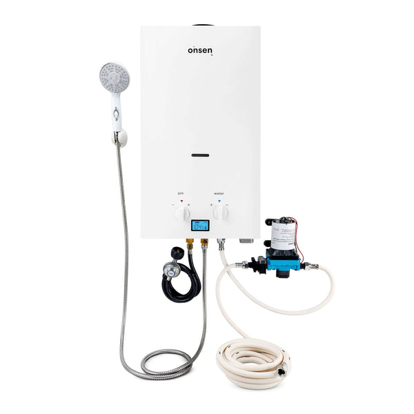 Onsen 10L Outdoor Propane Portable Tankless Water Heater 2.6 Gal/Min 75K BTU with Pump & Hose Kit