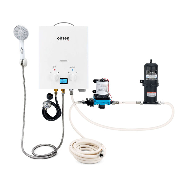 Onsen 5L Outdoor Propane Portable Tankless Water Heater 1.3 Gal/Min 32K BTU with Pump, Accumulator & Hose Kit