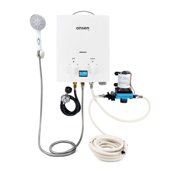 Onsen 5L Outdoor Propane Portable Tankless Water Heater 1.3 Gal/Min 32K BTU with Pump & Hose Kit