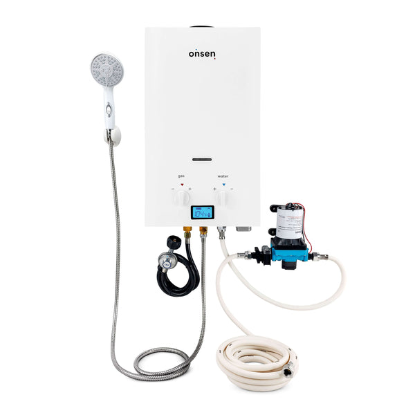 Onsen 7L Outdoor Propane Portable Tankless Water Heater 1.8 Gal/Min 50K BTU with Pump & Hose Kit